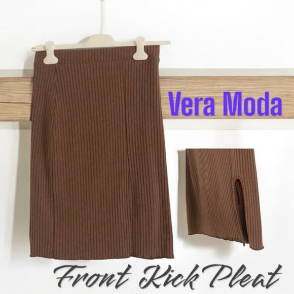 👛 2/$35 VERA MODA Rib Knitted Brown Tones Straight Skirt with Front Kick Pleat - Picture 2 of 7